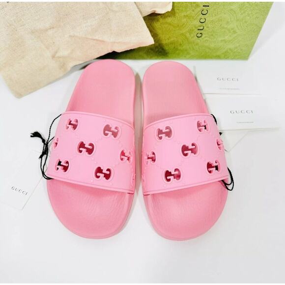 Gucci Sandal Size 39/ 9 Rubber Laser Cut GG Slide Slipper Rose Pink NWB - Picture 8 of 10